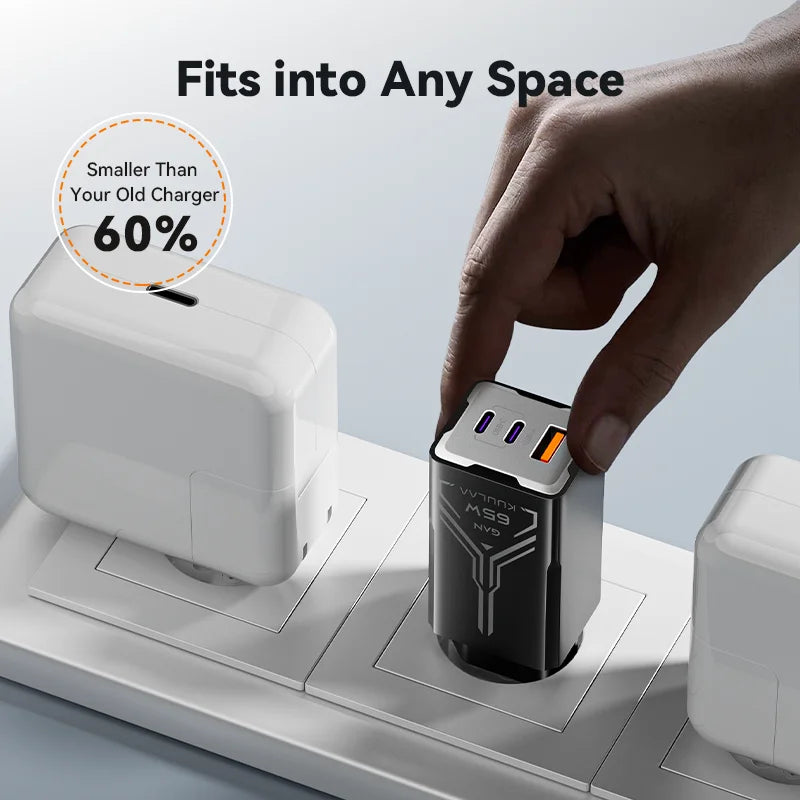 GaN 65W Multi-Port Fast Charger – 3 USB Outputs