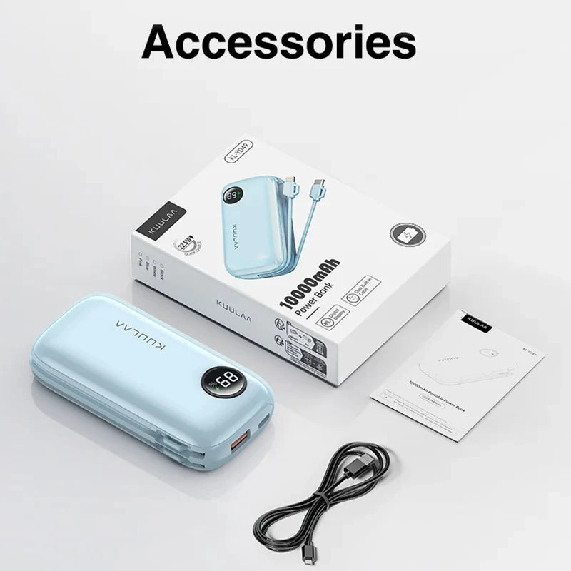 Light blue power bank with packaging, cable, and manual on a white background