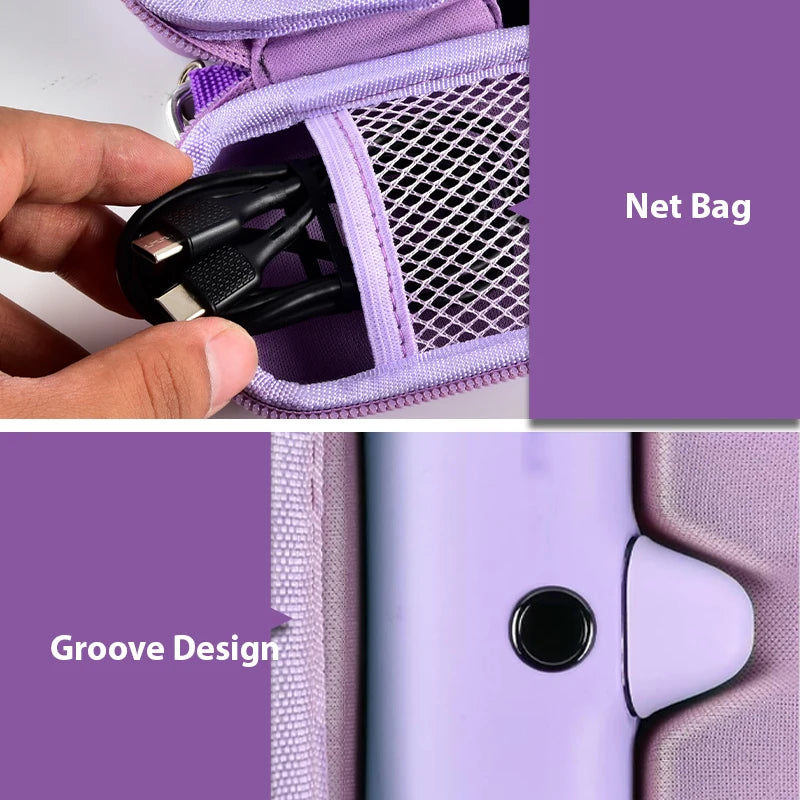 Close-up of a purple net bag with a hand holding it open, showing a groove design.