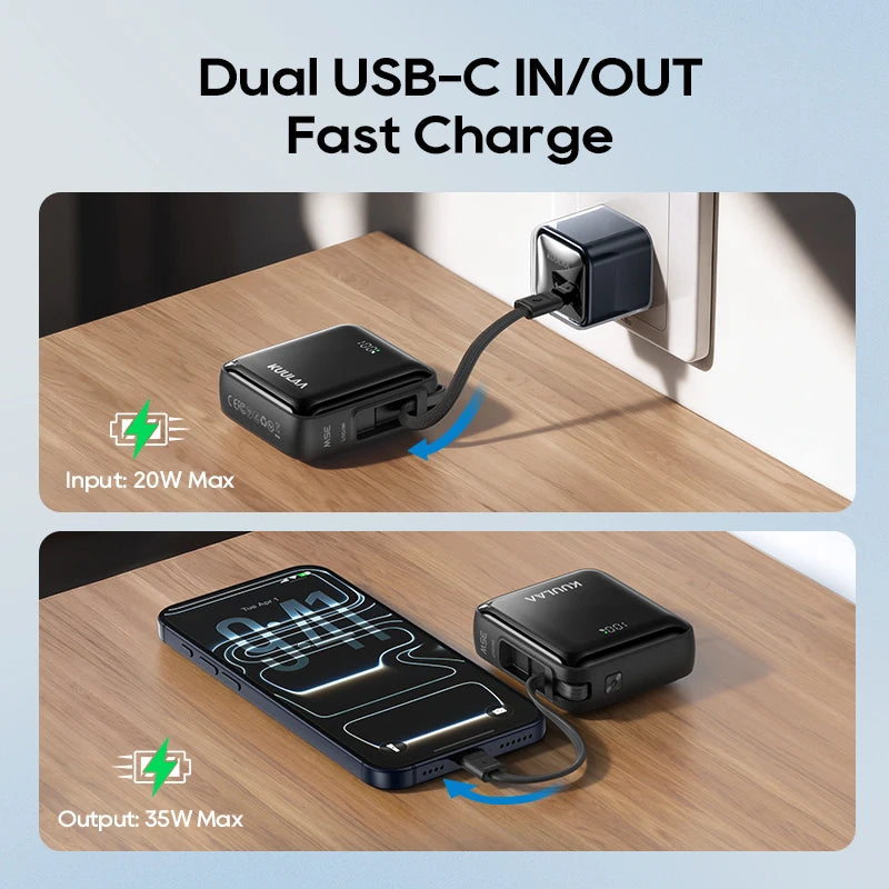 Dual USB-C IN/OUT fast charge adapter on a wooden surface with text indicating power specifications.