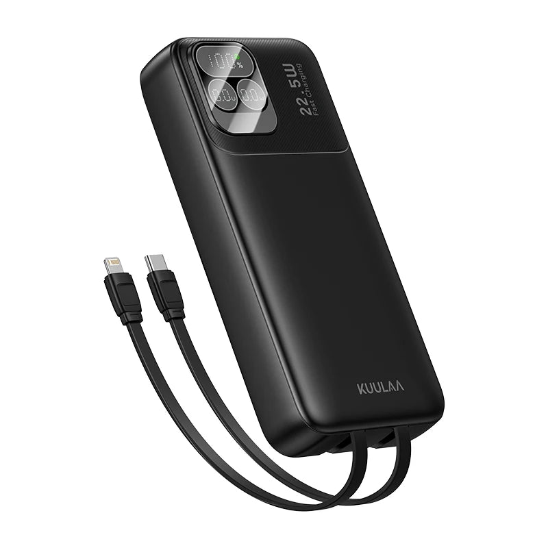 Black power bank with charging cables on a white background