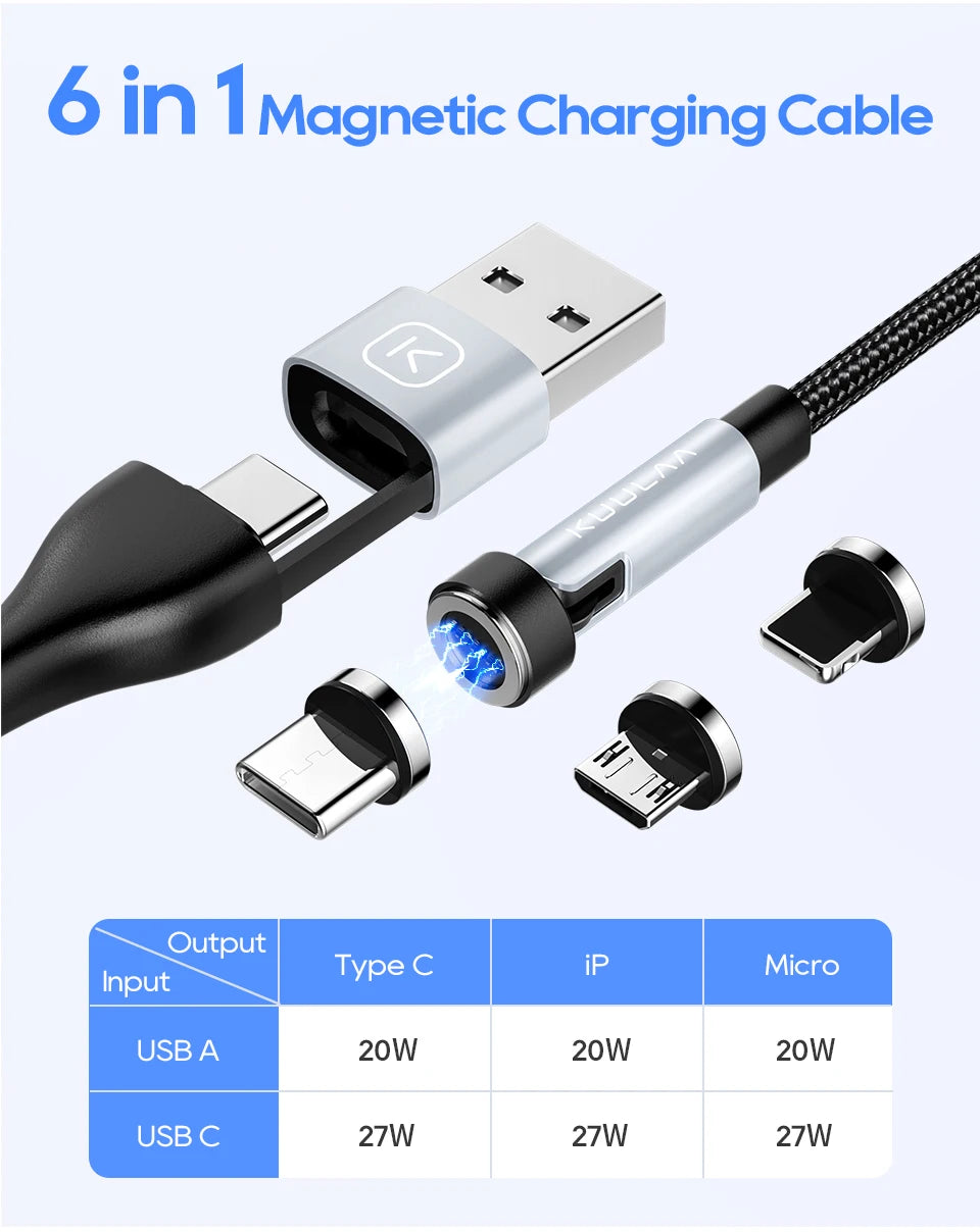6-in-1 Magnetic Cable 27W – 540° Rotation & Fast Charging