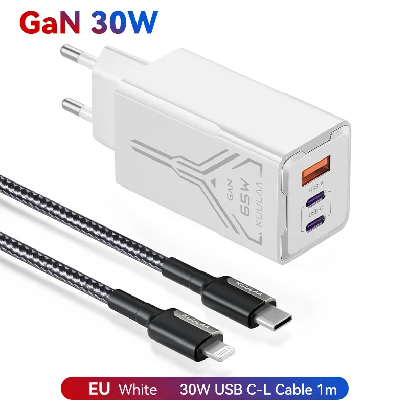 GaN 65W Multi-Port Fast Charger – 3 USB Outputs