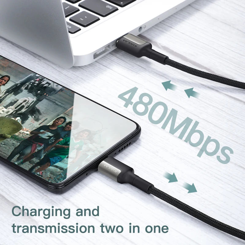 Phone and laptop connected by a cable with '480Mbps' text on a white surface.