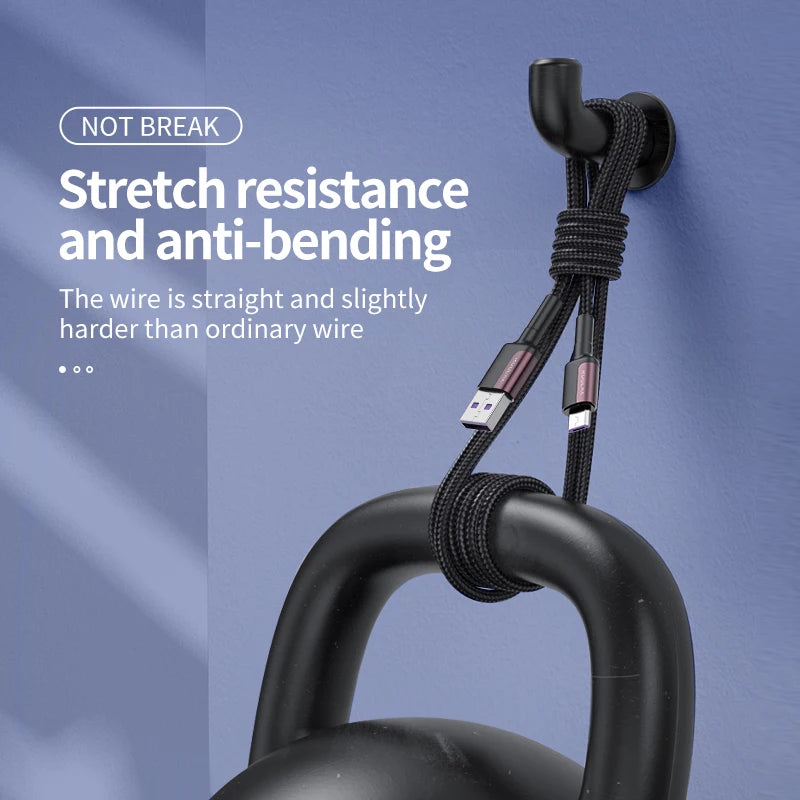 Black braided cable with USB connector on a blue background, featuring text about stretch resistance and anti-bending properties.