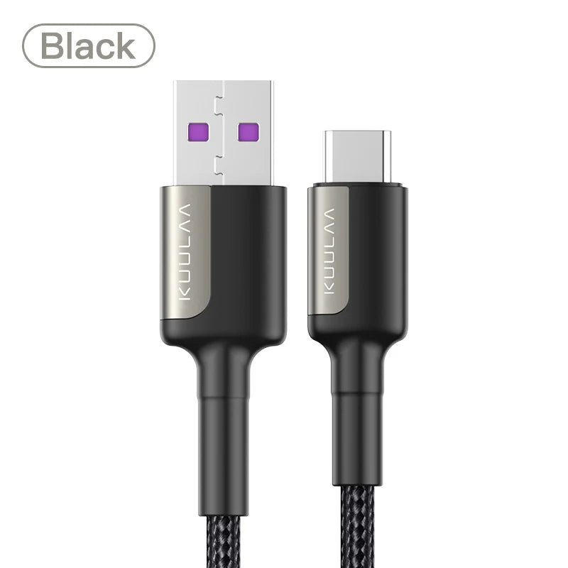 Black USB cable with metallic connectors on a white background