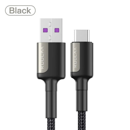 Black USB cable with metallic connectors on a white background