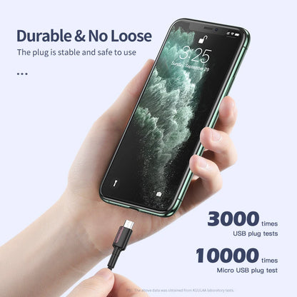 Hand holding a smartphone with a charging cable, displaying durability and usage statistics.