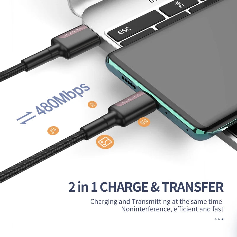 2-in-1 charging and transferring cable connected to a laptop and smartphone with text indicating 480Mbps speed.
