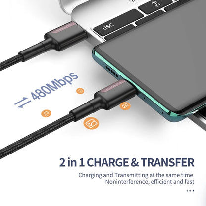 2-in-1 charging and transferring cable connected to a laptop and smartphone with text indicating 480Mbps speed.