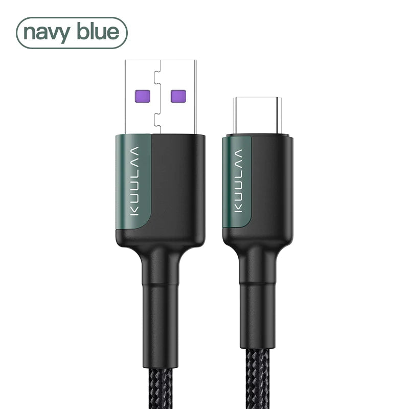 Navy blue charging cable with USB and micro USB connectors on a white background