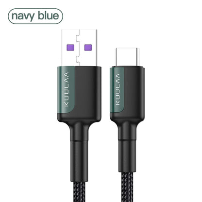 Navy blue charging cable with USB and micro USB connectors on a white background