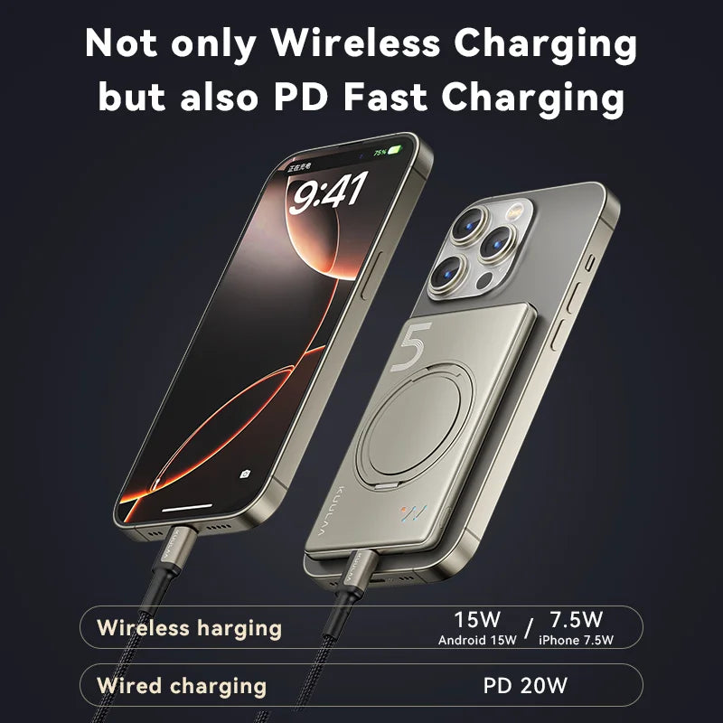 Phone with wireless and wired charging capabilities on a dark background