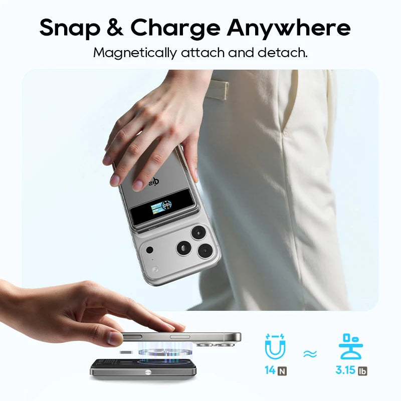 Smartphone with a magnetic attachment feature being used by hands on a light gray background.