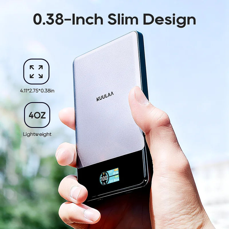 Hand holding a KUULAA portable device with specifications displayed on screen