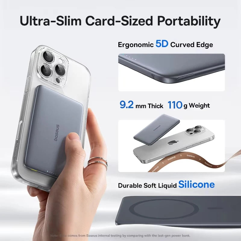 Phone case with text highlighting ultra-slim design, ergonomic 5D curved edge, and durable soft liquid silicone material.