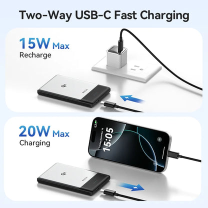 Two-way USB-C fast charging setup with smartphone and power bank on a light blue background.