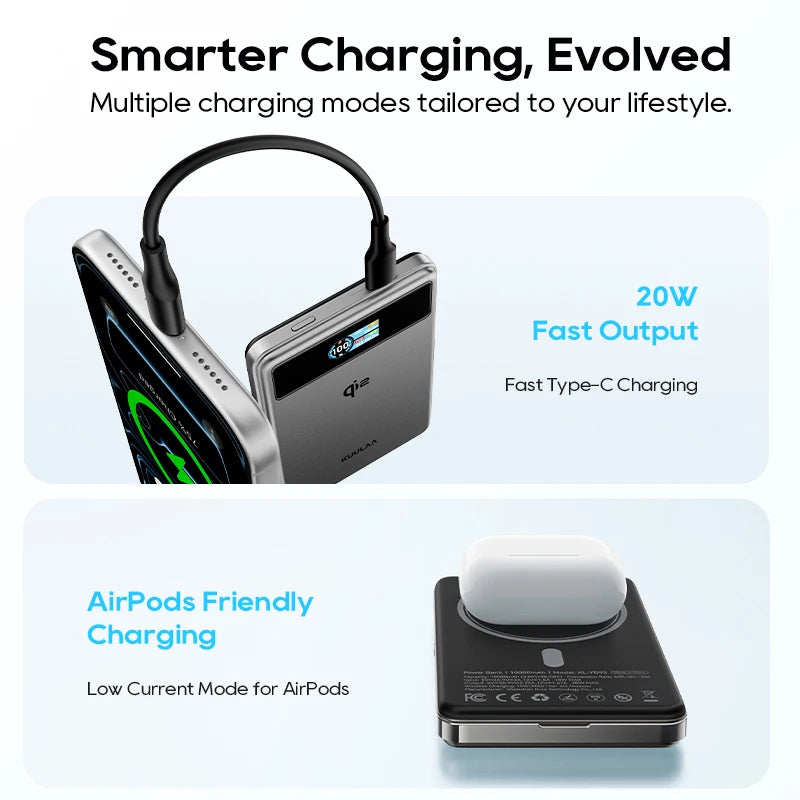 Charging device with smartphone and headphones, featuring 20W fast output and AirPods charging mode.