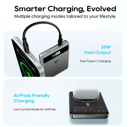 Charging device with smartphone and headphones, featuring 20W fast output and AirPods charging mode.
