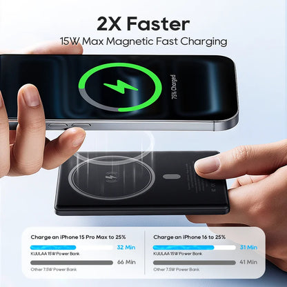 Smartphone being charged wirelessly on a power bank with text highlighting fast charging capabilities.