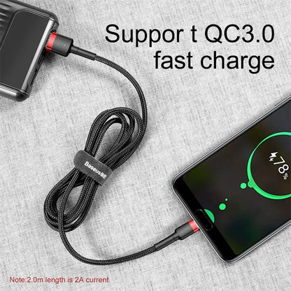 Phone cable with QC3.0 fast charging text on a gray fabric background