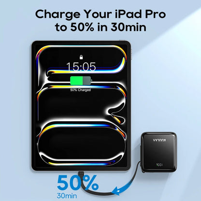 Smartphone with charging cable and power bank on a light blue background