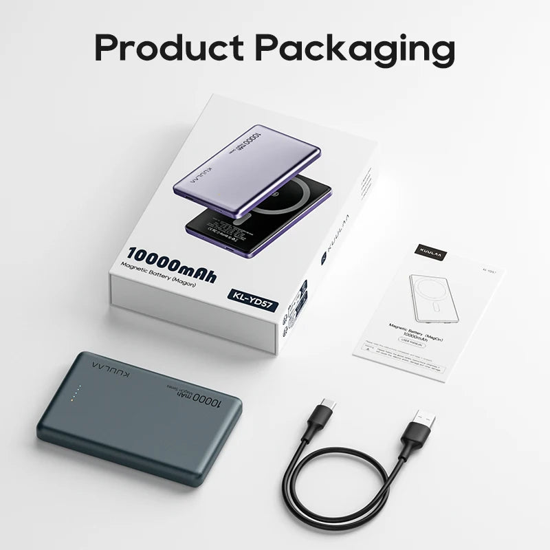 Power bank packaging with power bank, cable, and accessories on a white background