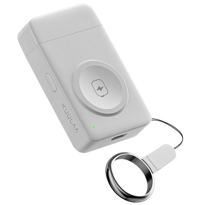 White electronic device with a keychain attachment on a white background