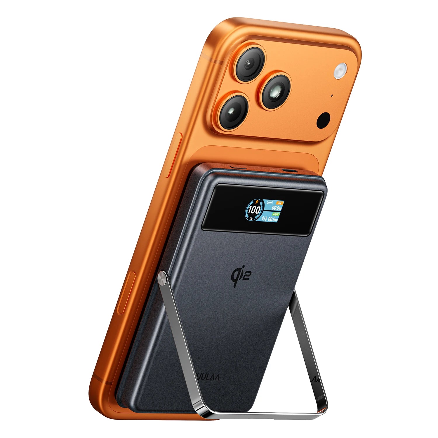 Two smartphones, one orange and one black with a brand logo, on a white background.