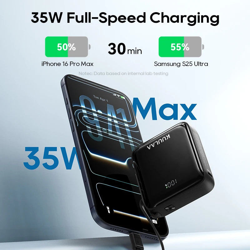 Phone being charged with a power adapter, showing charging speeds on a gray background.