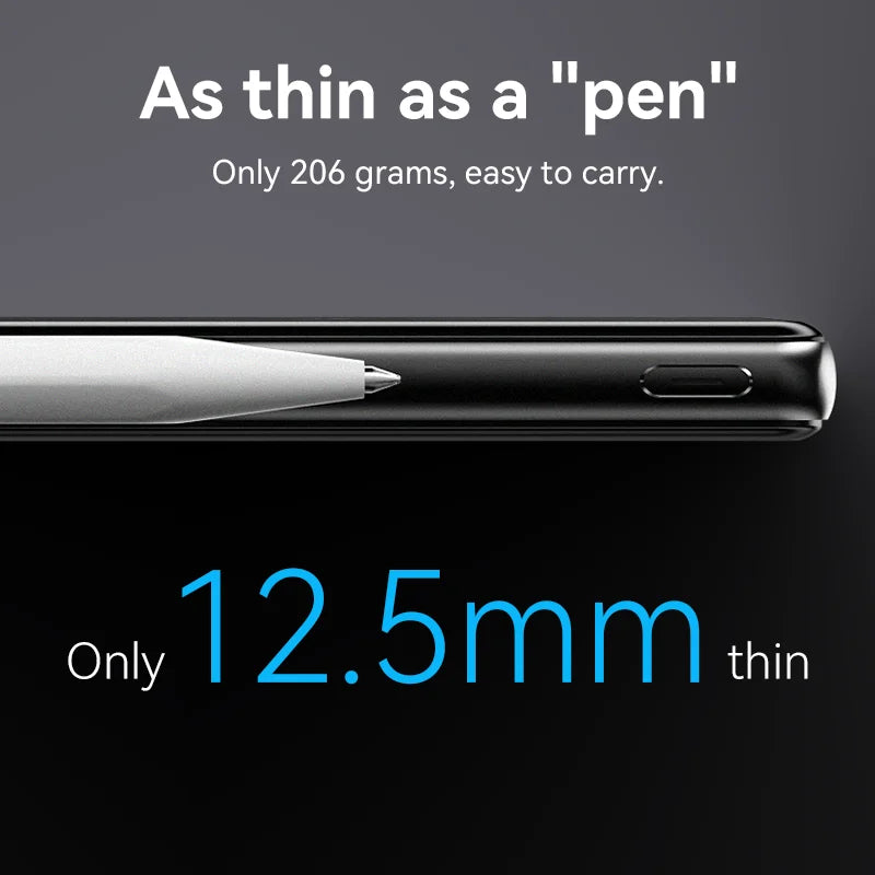 Phone next to a pen with text highlighting thinness and weight