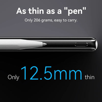 Phone next to a pen with text highlighting thinness and weight