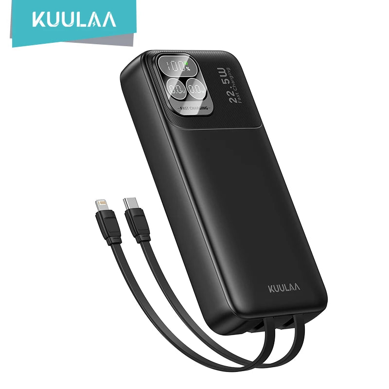 Black power bank with cables on a white background, featuring the KUULAA brand.