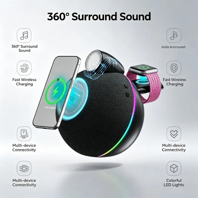 3-in-1 Wireless Charging Bluetooth Speaker with 360° Sound