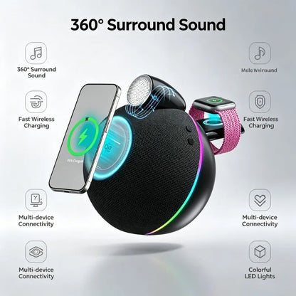 3-in-1 Wireless Charging Bluetooth Speaker with 360° Sound