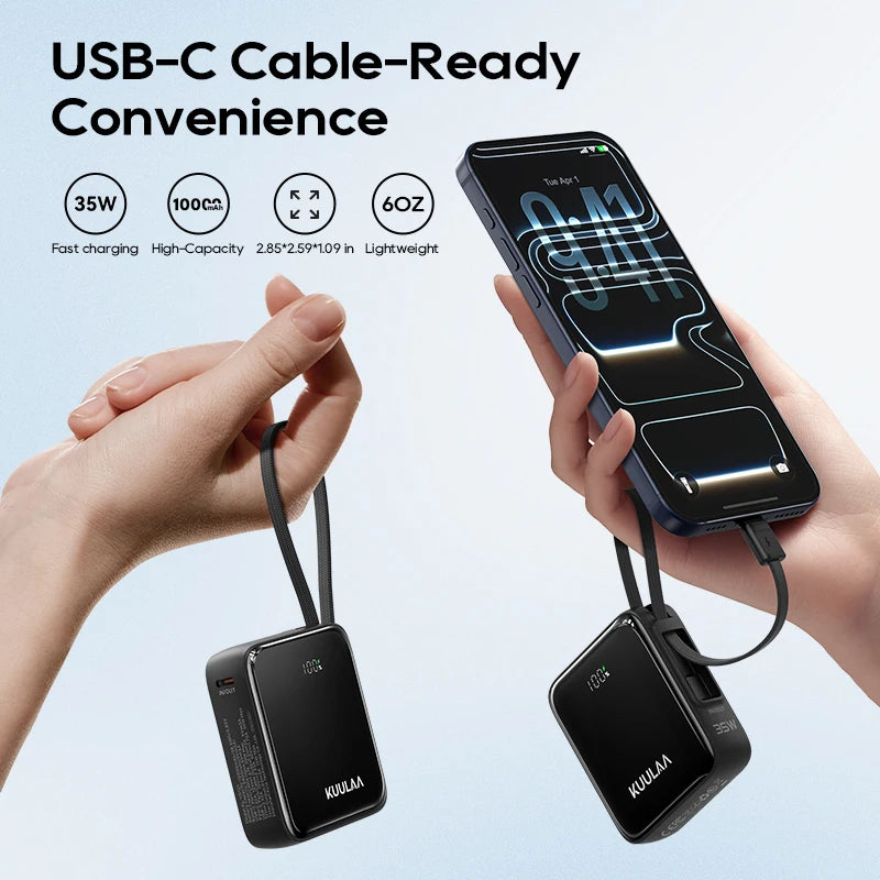 Two hands holding a smartphone with a power bank, showcasing USB-C cable readiness.