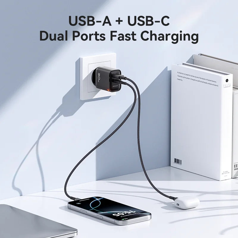 30W GaN PD Fast Charger with USB-A & USB-C Ports