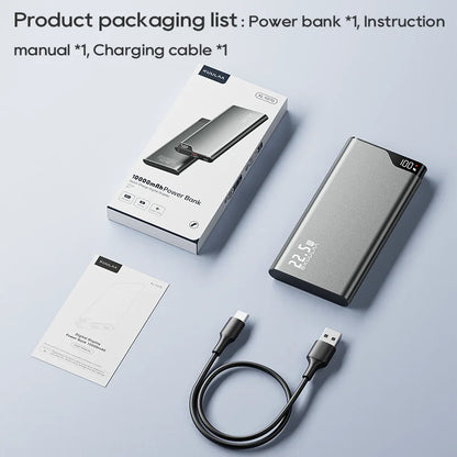 Power bank with packaging, manual, and charging cable on a light gray background