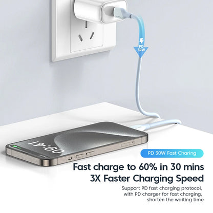 Phone being charged with a cable, text about fast charging speed, and power outlet in the background.