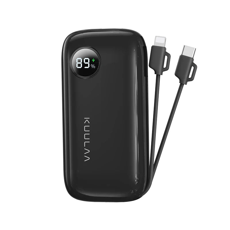 Black power bank with digital display and two cables on a white background