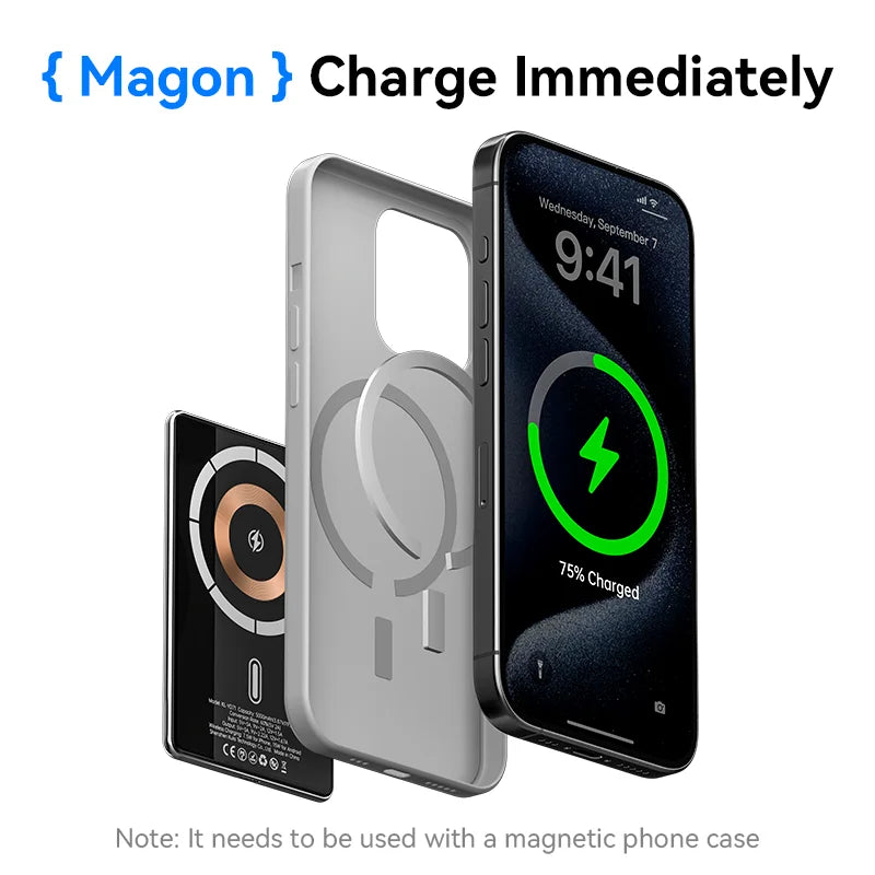 Smartphone with a charging app displayed, showing 75% charge, with 'Magon' branding above.