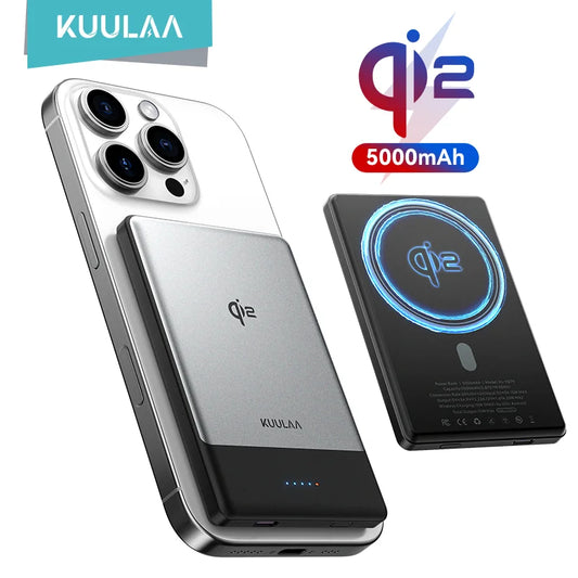 KUULAA phone case with Qi2 wireless charging logo and 5000mAh battery indicator on a white background