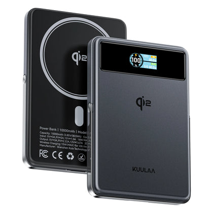 Black power bank with wireless charging pad and digital display on a white background