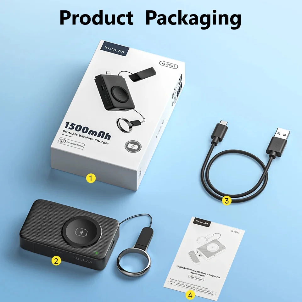 KUALA portable wireless charger packaging with charger, cable, and manual on a blue background