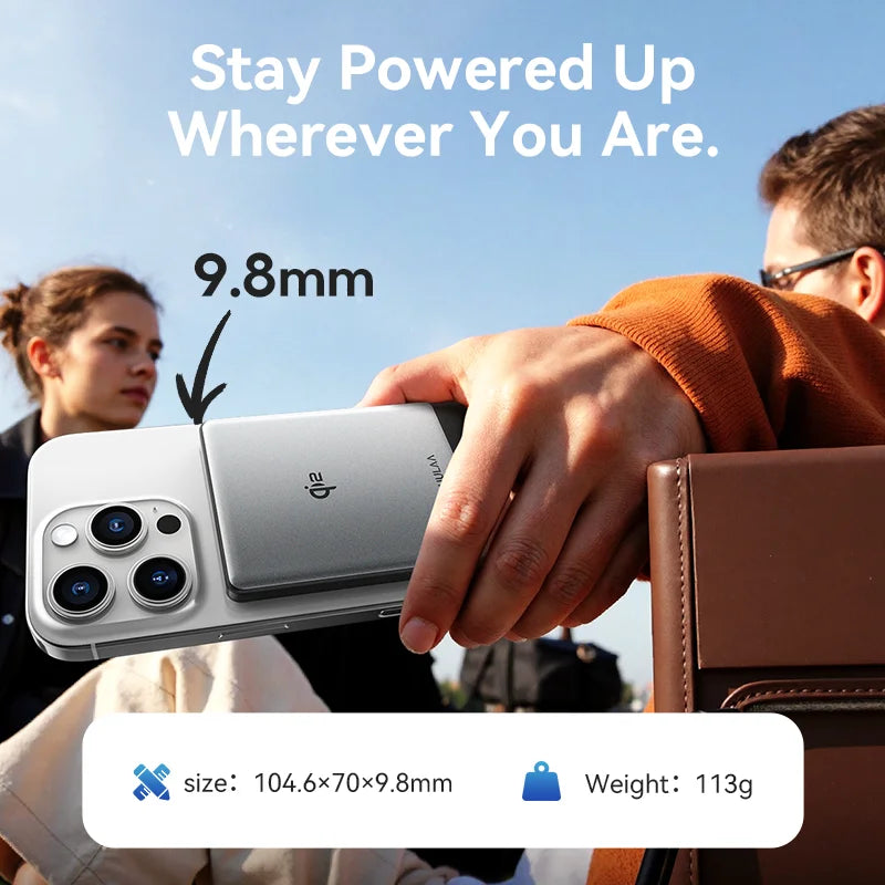 Person holding a smartphone with text 'Stay Powered Up Wherever You Are' and product details.