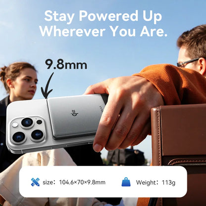 Person holding a smartphone with text 'Stay Powered Up Wherever You Are' and product details.