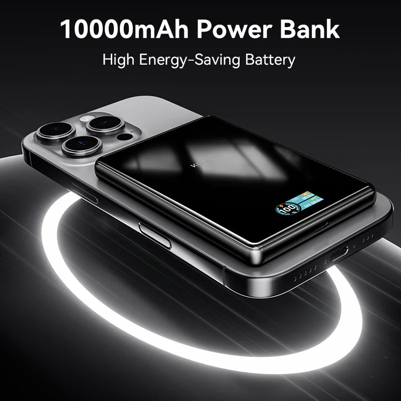 10000mAh power bank with smartphone on a reflective surface