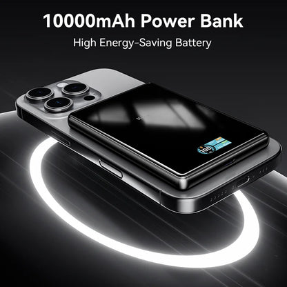 10000mAh power bank with smartphone on a reflective surface