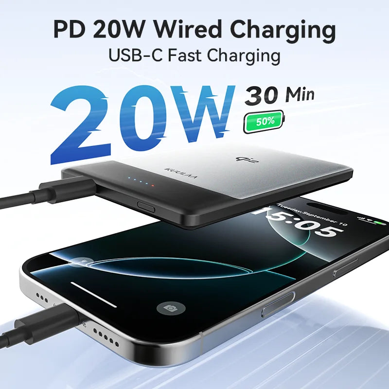 Phone and power bank with PD 20W wired charging and USB-C fast charging on a light blue background.