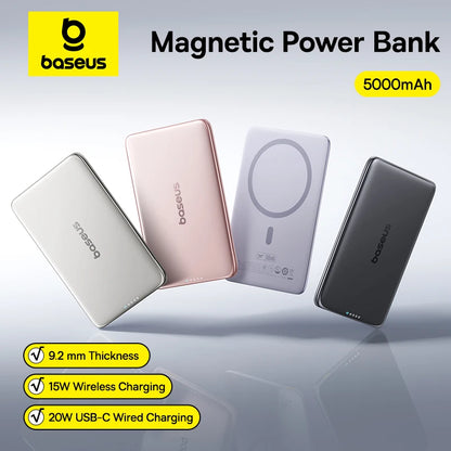 Baseus magnetic power bank with four color options on a gray background